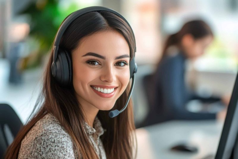 Customer support representative with headset smiling, professional female call center operator assisting clients, customer service and communication