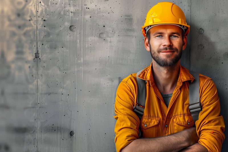A man architect wearing a yellow hard hat and overalls on a white background