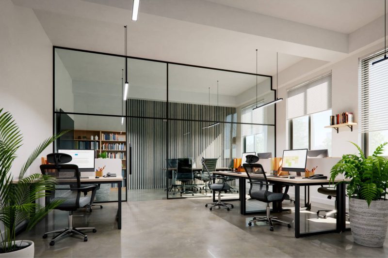 Modern small office interior with white walls and concrete floors, 3d rendering